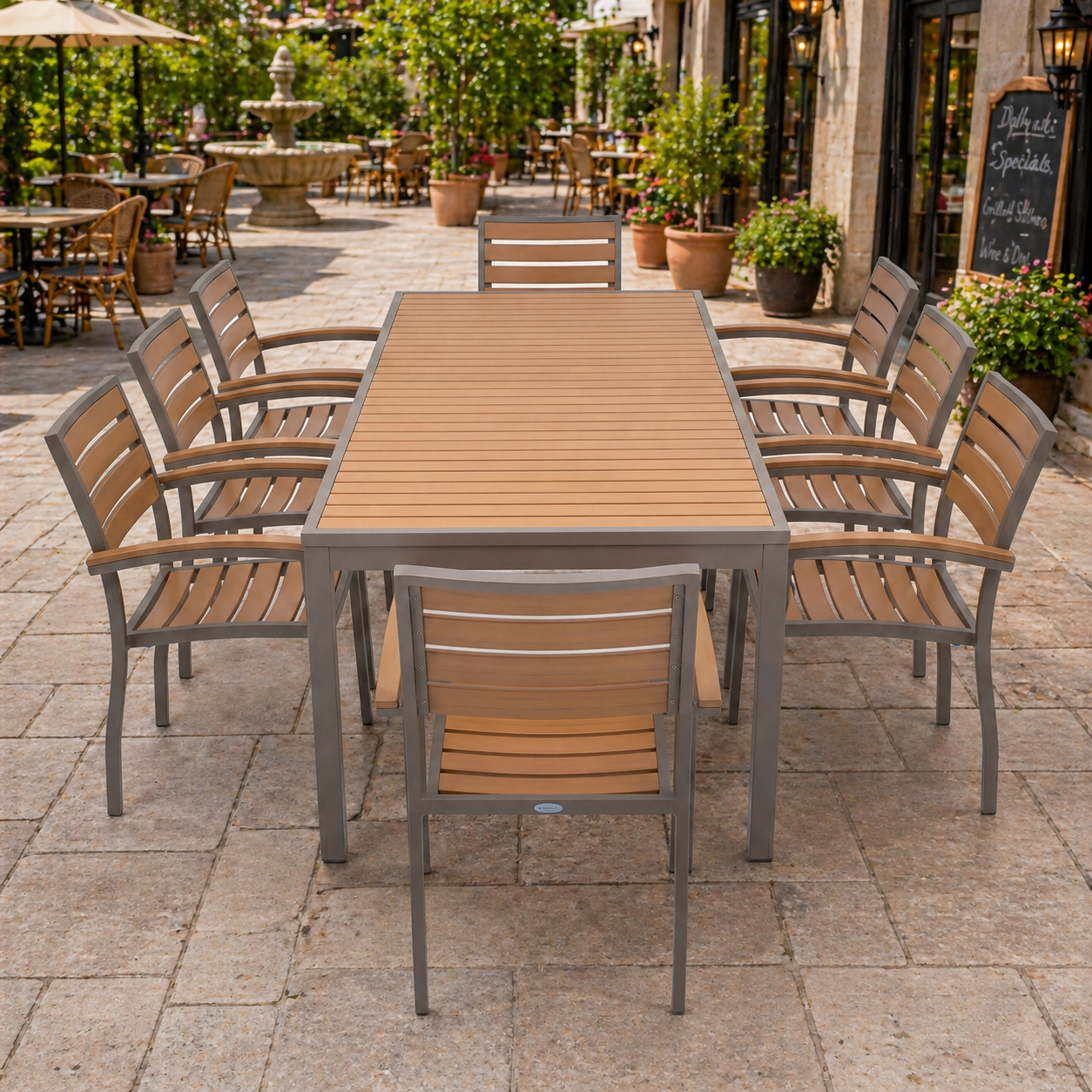 Miami Patio Dining Set – 36" x 94" Table + 8 Armchairs, Mocha/Faux Teak