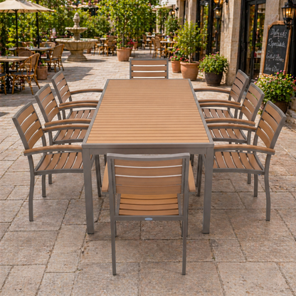Miami Patio Dining Set – 36" x 94" Table + 8 Armchairs, Mocha/Faux Teak