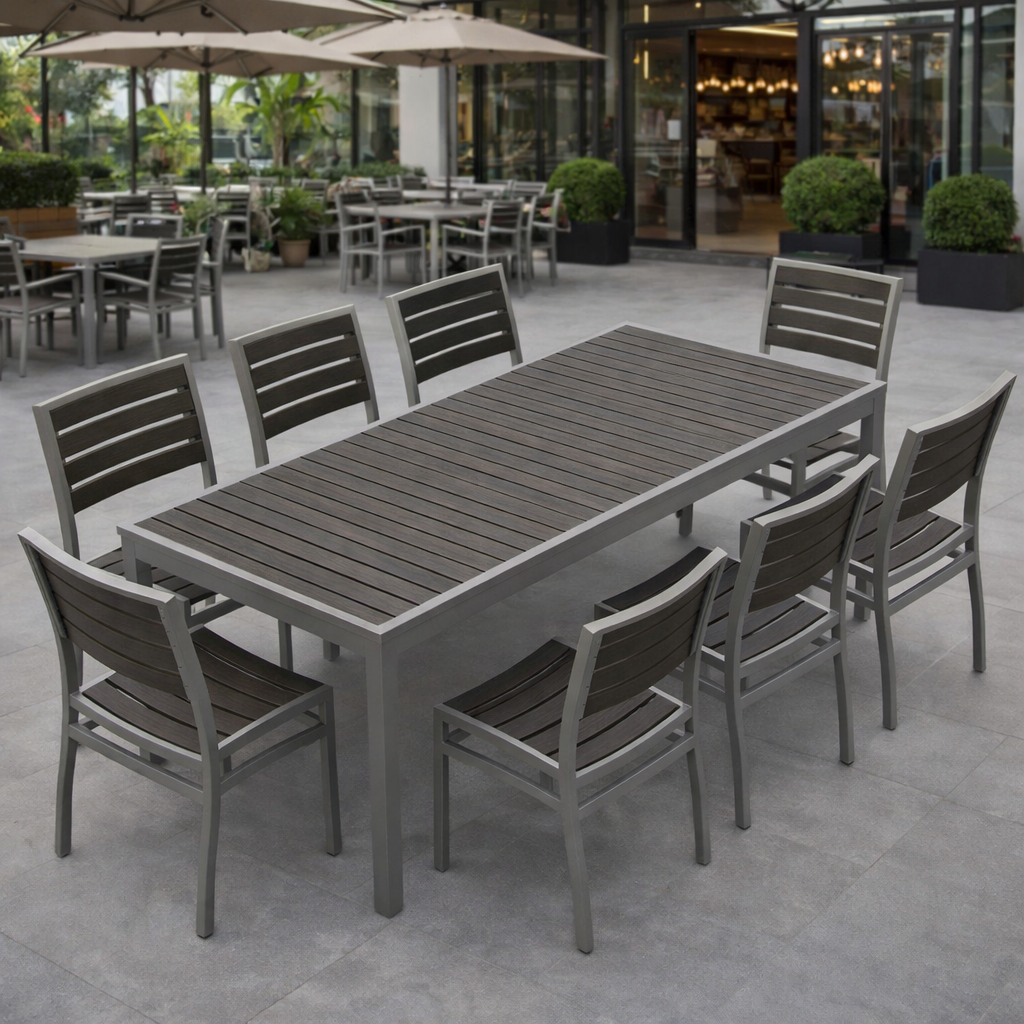 Miami Patio Dining Set – 36" x 94" Table + 8 Outdoor Side Chairs, Silver/Gray