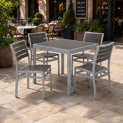 Miami Patio Dining Set – 36" x 36" Patio Table + 4 Side Chairs, Silver/Gray