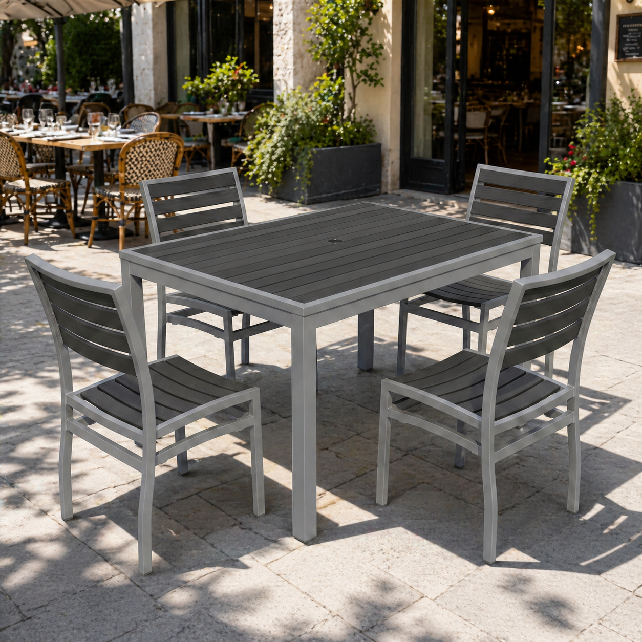 Miami Patio Dining Set – 32" x 48" Patio Table + 4 Side Chairs, Silver/Gray