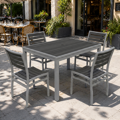 Miami Patio Dining Set – 32" x 48" Patio Table + 4 Side Chairs, Silver/Gray