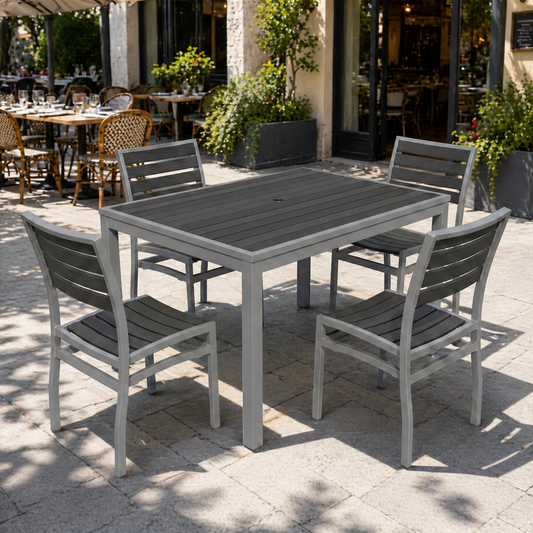 Miami Patio Dining Set – 32" x 48" Patio Table + 4 Side Chairs, Silver/Gray