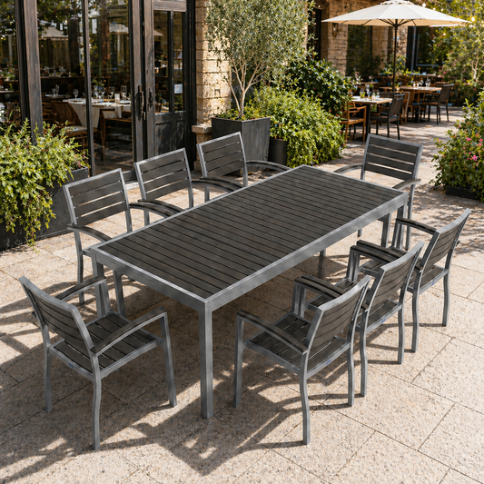 Miami Patio Dining Set – 36" x 94" Table + 8 Armchairs, Silver/Grey