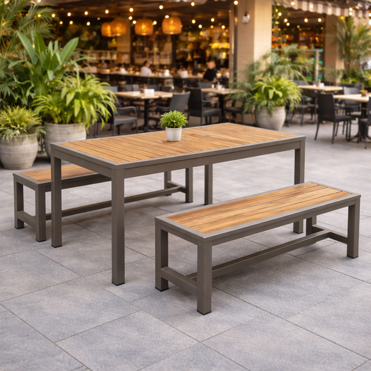 Miami Patio Dining Set – 32" x 48" Table + 2 Benches, Mocha/Faux Teak