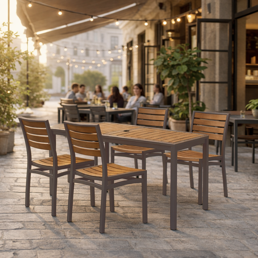 Miami Patio Dining Set – 32" x 48" Patio Table + 4 Side Chairs, Mocha/Faux Teak