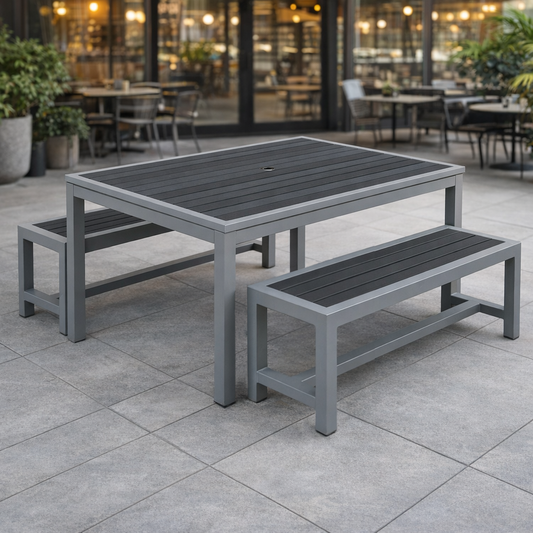 Miami Patio Dining Set – 32" x 48" Table + 2 Benches, Silver/Grey