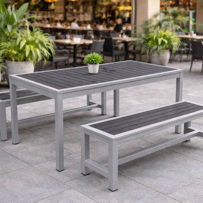 Miami Patio Dining Set – 32" x 48" Table + 2 Benches, Silver/Grey