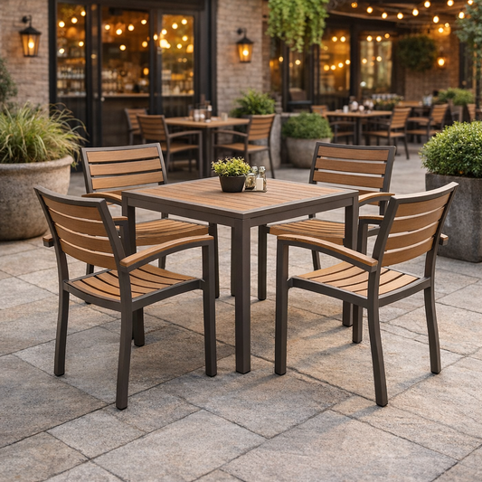 Miami Patio Dining Set – 36" x 36" Table + 4 Armchairs, Mocha/Faux Teak