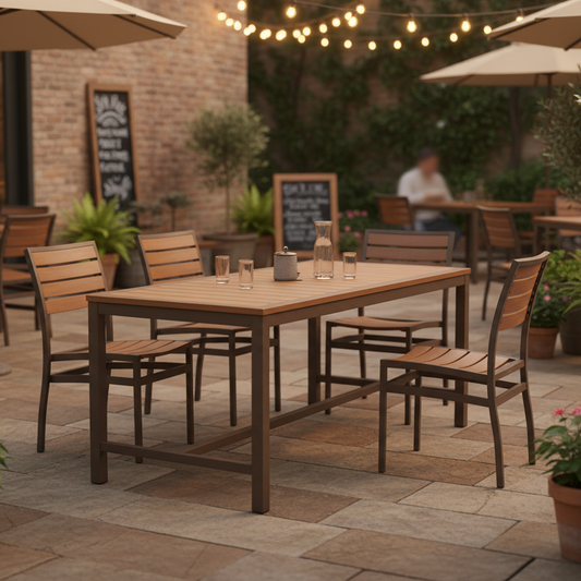 Miami Patio Dining Set – 32" x 48" Patio Table + 4 Side Chairs, Mocha/Faux Teak