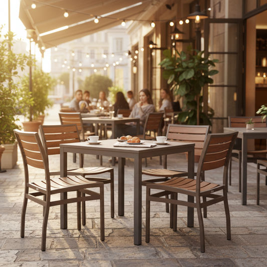 Miami Patio Dining Set – 36" x 36" Patio Table + 4 Side Chairs, Mocha/Faux Teak