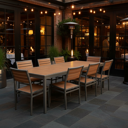 Miami Patio Dining Set – 36" x 94" Table + 8 Outdoor Side Chairs, Mocha/Faux Teak