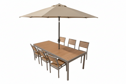 Miami Patio Dining Set – 36" x 94" Table + 8 Outdoor Side Chairs, Mocha/Faux Teak